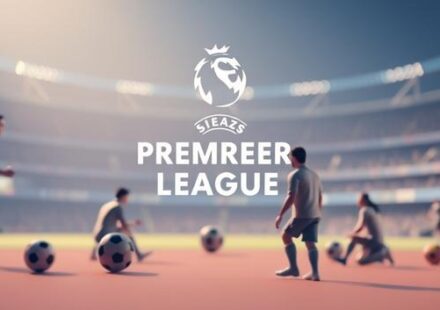 En 3D-illustration av en fotbollsmatch på en stor skärm med texten "Streama Premier League 2026/2027 med Nordisk IPTV 4K" synlig