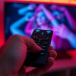 Hand holding a modern TV remote control with neon ambient lighting