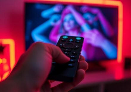 Hand holding a modern TV remote control with neon ambient lighting