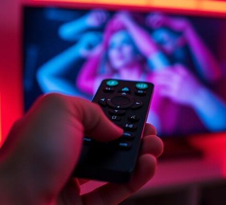 Hand holding a modern TV remote control with neon ambient lighting