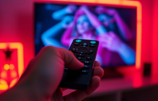 Hand holding a modern TV remote control with neon ambient lighting
