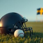 American football helmet and baseball on grass field with a Swedish flag in the background, symbolizing the introduction of US sports in Sweden.