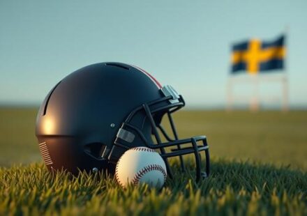 American football helmet and baseball on grass field with a Swedish flag in the background, symbolizing the introduction of US sports in Sweden.