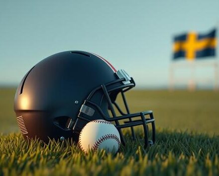 American football helmet and baseball on grass field with a Swedish flag in the background, symbolizing the introduction of US sports in Sweden.