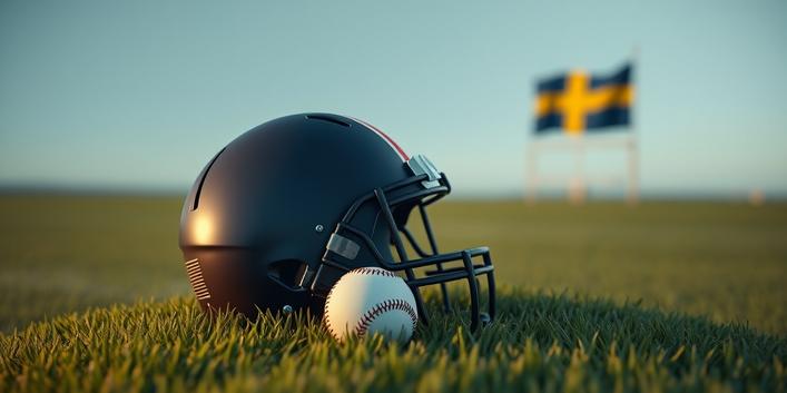 American football helmet and baseball on grass field with a Swedish flag in the background, symbolizing the introduction of US sports in Sweden.
