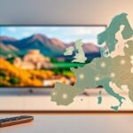 Sleek, modern living room with a high-definition TV displaying European landscapes and a transparent overlay of a European map with glowing connection lines, symbolizing IPTV providers in Europe.