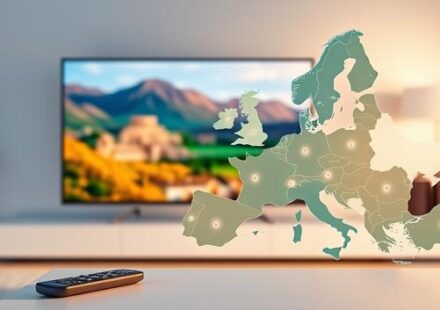 Sleek, modern living room with a high-definition TV displaying European landscapes and a transparent overlay of a European map with glowing connection lines, symbolizing IPTV providers in Europe.