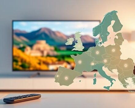 Sleek, modern living room with a high-definition TV displaying European landscapes and a transparent overlay of a European map with glowing connection lines, symbolizing IPTV providers in Europe.
