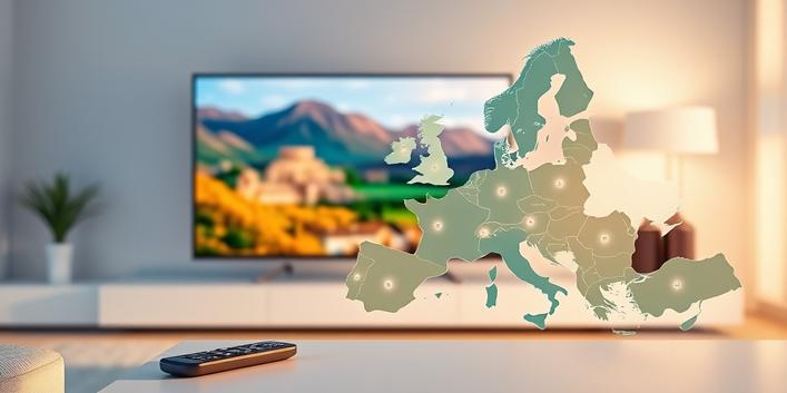 Sleek, modern living room with a high-definition TV displaying European landscapes and a transparent overlay of a European map with glowing connection lines, symbolizing IPTV providers in Europe.