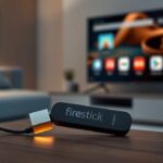 Firestick 4K Max plugged into a smart TV displaying streaming app icons, representing IPTV.