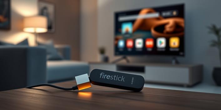 Firestick 4K Max plugged into a smart TV displaying streaming app icons, representing IPTV.