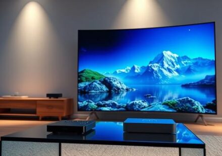 Premium IPTV service illustration featuring a curved OLED TV displaying 4K content in a modern living room setting.