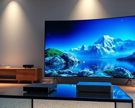 Premium IPTV service illustration featuring a curved OLED TV displaying 4K content in a modern living room setting.