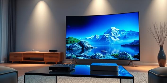 Premium IPTV service illustration featuring a curved OLED TV displaying 4K content in a modern living room setting.
