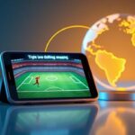 3D rendering of a smartphone streaming a soccer match, connected to a glowing, translucent globe, representing live sports streaming.