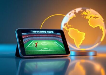3D rendering of a smartphone streaming a soccer match, connected to a glowing, translucent globe, representing live sports streaming.