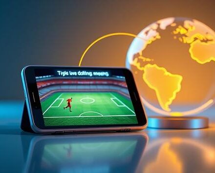 3D rendering of a smartphone streaming a soccer match, connected to a glowing, translucent globe, representing live sports streaming.