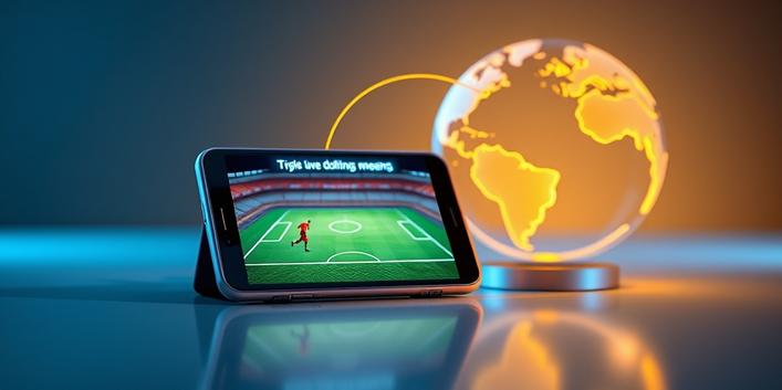 3D rendering of a smartphone streaming a soccer match, connected to a glowing, translucent globe, representing live sports streaming.