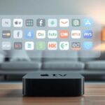 3D rendering of an Apple TV 4K device projecting streaming app icons.
