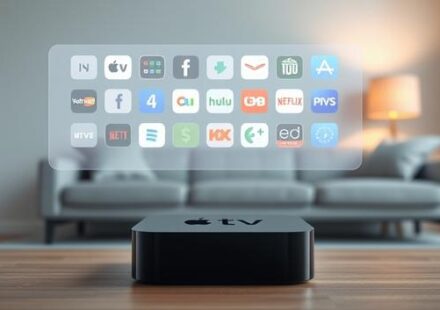 3D rendering of an Apple TV 4K device projecting streaming app icons.