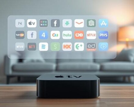 3D rendering of an Apple TV 4K device projecting streaming app icons.