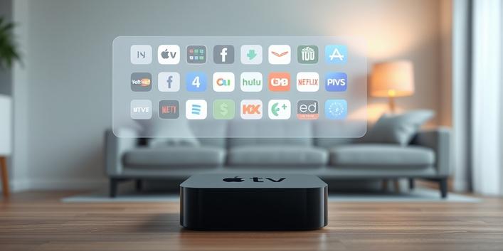 3D rendering of an Apple TV 4K device projecting streaming app icons.