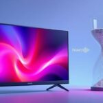 3D illustration depicting IPTV streaming and ISP throttling, showing a TV with vibrant content obstructed by an hourglass symbolizing throttled data flow.