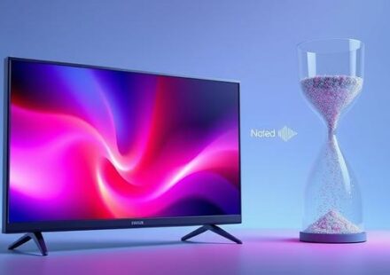 3D illustration depicting IPTV streaming and ISP throttling, showing a TV with vibrant content obstructed by an hourglass symbolizing throttled data flow.