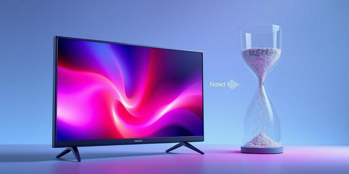 3D illustration depicting IPTV streaming and ISP throttling, showing a TV with vibrant content obstructed by an hourglass symbolizing throttled data flow.