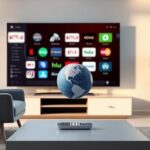 A comfortable armchair faces a large smart TV displaying various streaming app icons, symbolizing free IPTV. A translucent globe floats gently in front of the screen.