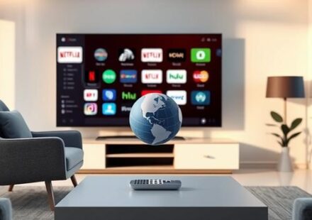 A comfortable armchair faces a large smart TV displaying various streaming app icons, symbolizing free IPTV. A translucent globe floats gently in front of the screen.
