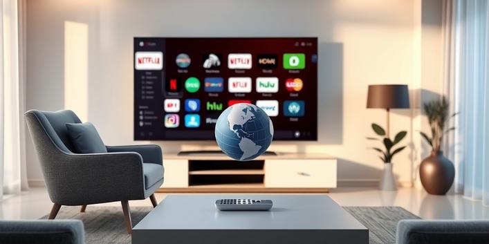 A comfortable armchair faces a large smart TV displaying various streaming app icons, symbolizing free IPTV. A translucent globe floats gently in front of the screen.