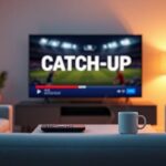 Modern living room scene featuring a sofa, smart TV displaying "CATCH-UP", remote, and mug, illustrating IPTV catch-up functionality.