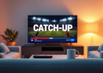 Modern living room scene featuring a sofa, smart TV displaying "CATCH-UP", remote, and mug, illustrating IPTV catch-up functionality.