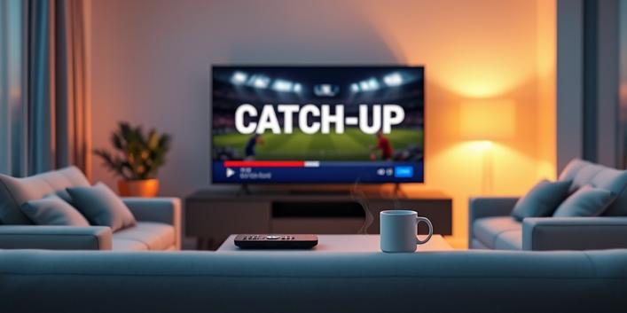 Modern living room scene featuring a sofa, smart TV displaying "CATCH-UP", remote, and mug, illustrating IPTV catch-up functionality.