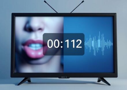 3D rendering of a split screen showing out-of-sync audio and video, symbolizing synchronization issues.