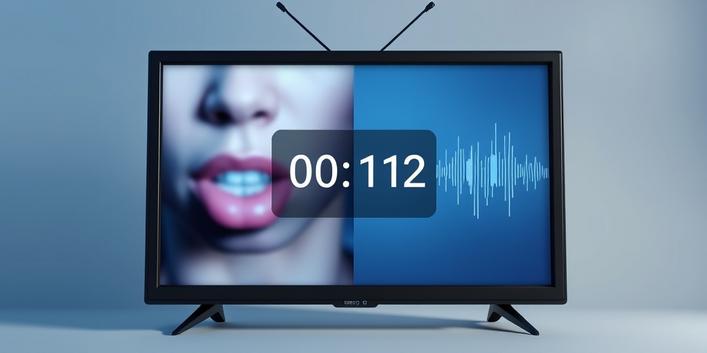 3D rendering of a split screen showing out-of-sync audio and video, symbolizing synchronization issues.