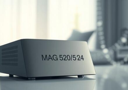3D rendering of a MAG 520 box receiving IPTV streams, symbolizing modern television technology