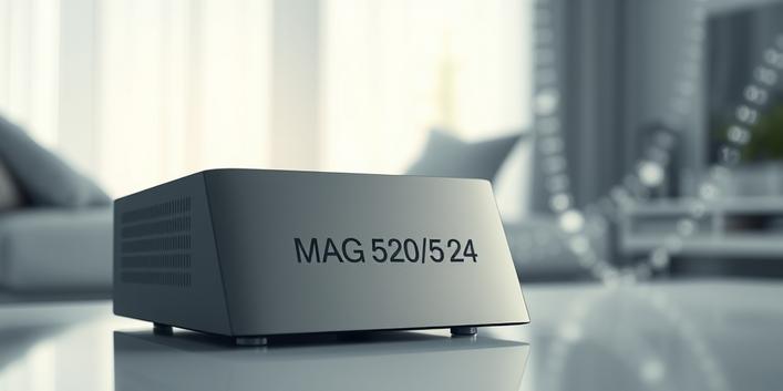 3D rendering of a MAG 520 box receiving IPTV streams, symbolizing modern television technology