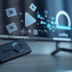 3D rendering of a Firestick plugged into a television, emitting fragmented and glitched streaming icons representing buffering issues.