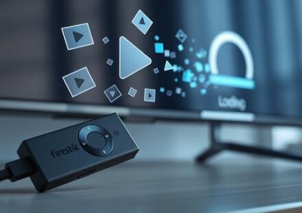 3D rendering of a Firestick plugged into a television, emitting fragmented and glitched streaming icons representing buffering issues.