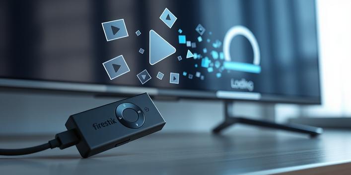 3D rendering of a Firestick plugged into a television, emitting fragmented and glitched streaming icons representing buffering issues.