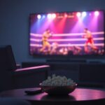 A 3D rendering of a cozy armchair facing a large television screen displaying a boxing match, with popcorn and a remote on a coffee table, representing the experience of watching PPV events.