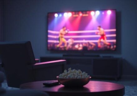 A 3D rendering of a cozy armchair facing a large television screen displaying a boxing match, with popcorn and a remote on a coffee table, representing the experience of watching PPV events.