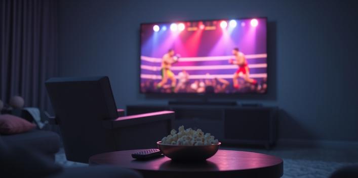 A 3D rendering of a cozy armchair facing a large television screen displaying a boxing match, with popcorn and a remote on a coffee table, representing the experience of watching PPV events.