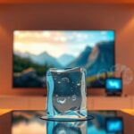 3D rendering of a modern living room scene depicting IPTV anti-freeze technology. A melting ice cube is shielded from a crisp TV display by a blue glowing barrier, symbolizing protection from freezing.