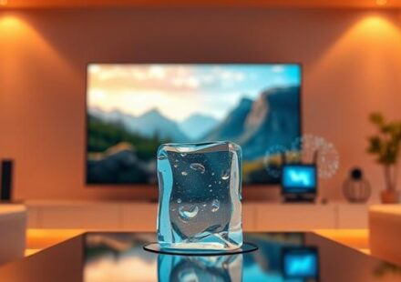 3D rendering of a modern living room scene depicting IPTV anti-freeze technology. A melting ice cube is shielded from a crisp TV display by a blue glowing barrier, symbolizing protection from freezing.