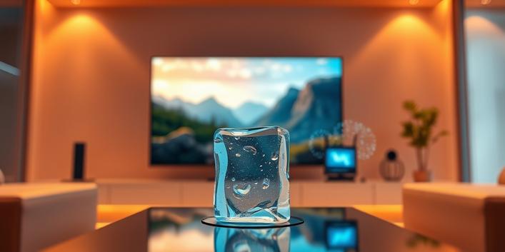 3D rendering of a modern living room scene depicting IPTV anti-freeze technology. A melting ice cube is shielded from a crisp TV display by a blue glowing barrier, symbolizing protection from freezing.