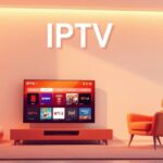 Modern living room with a glowing smart TV displaying streaming apps icons and the word IPTV above it, representing Internet Protocol Television.