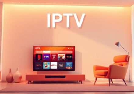 Modern living room with a glowing smart TV displaying streaming apps icons and the word IPTV above it, representing Internet Protocol Television.